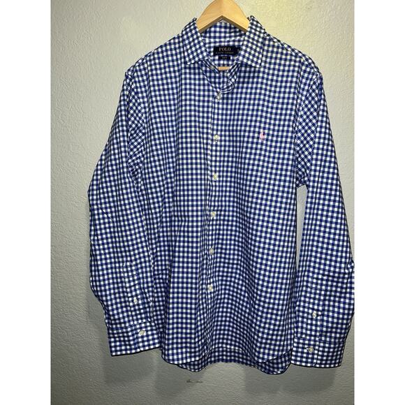 Ralph Lauren Shirt Mens X-Large Blue Gingham Slim Fit Stretch Oxford Flesh - Picture 3 of 9
